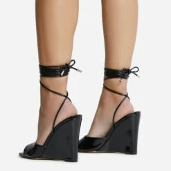 EGO Anthems Lace Up Square Peep Toe Wedge Heel In Black Patent -EGO shop 06 10 22 fw12769 sq