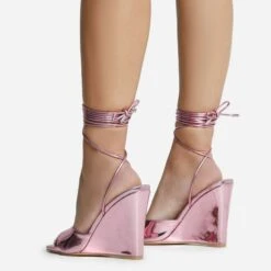 EGO Anthems Lace Up Square Peep Toe Wedge Heel In Pink Metallic Patent -EGO shop 06 10 22 fw12774 sq