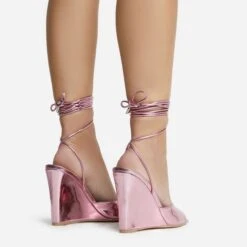 EGO Anthems Lace Up Square Peep Toe Wedge Heel In Pink Metallic Patent -EGO shop 06 10 22 fw12775 sq