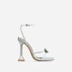 EGO Treasure Ankle Strap Gem Detail Square Toe Statement Heel In Silver Iridescent Faux Leather -EGO shop 06 10 22 fw15099 sq