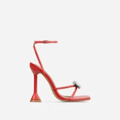 EGO Treasure Ankle Strap Gem Detail Square Toe Statement Heel In Red Faux Leather -EGO shop 06 10 22 fw15103 sq