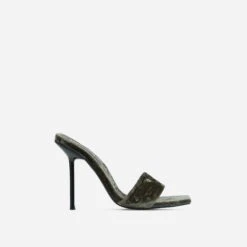 EGO Tribute Open Square Toe Stiletto Heel Mule In Khaki Green Velvet -EGO shop 06 10 22 fw15118 sq