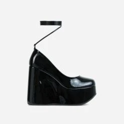 EGO Music-For-My-Ears Lace Up Closed Square Toe Platform Wedge Heel In Black Patent