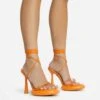 EGO Sauce Lace Up Strappy Statement Platform Heel In Orange Faux Leather -EGO shop 06 10 22 fw5580 sq