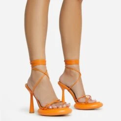 EGO Sauce Lace Up Strappy Statement Platform Heel In Orange Faux Leather