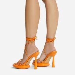 EGO Sauce Lace Up Strappy Statement Platform Heel In Orange Faux Leather -EGO shop 06 10 22 fw5583 sq