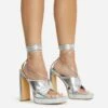 EGO Ranger Lace Up Twisted Strap Detail Square Toe Platform Thin Block Heel In Silver Metallic Faux Leather