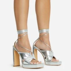 EGO Ranger Lace Up Twisted Strap Detail Square Toe Platform Thin Block Heel In Silver Metallic Faux Leather