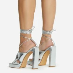 EGO Ranger Lace Up Twisted Strap Detail Square Toe Platform Thin Block Heel In Silver Metallic Faux Leather -EGO shop 06 10 22 fw5618 copy