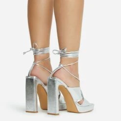 EGO Ranger Lace Up Twisted Strap Detail Square Toe Platform Thin Block Heel In Silver Metallic Faux Leather -EGO shop 06 10 22 fw5619 copy