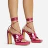 EGO Ranger Lace Up Twisted Strap Detail Square Toe Platform Thin Block Heel In Pink Metallic Faux Leather -EGO shop 06 10 22 fw5630