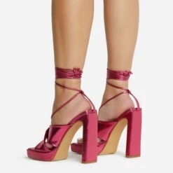 EGO Ranger Lace Up Twisted Strap Detail Square Toe Platform Thin Block Heel In Pink Metallic Faux Leather -EGO shop 06 10 22 fw5633