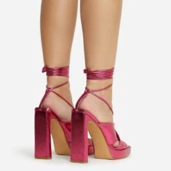 EGO Ranger Lace Up Twisted Strap Detail Square Toe Platform Thin Block Heel In Pink Metallic Faux Leather -EGO shop 06 10 22 fw5634