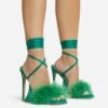 EGO Sorrenti Lace Up Fluffy Faux Feather Detail Square Toe Sculptured Platform Stiletto Heel In Green Faux Suede