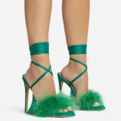 EGO Sorrenti Lace Up Fluffy Faux Feather Detail Square Toe Sculptured Platform Stiletto Heel In Green Faux Suede