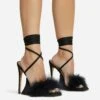 EGO Sorrenti Lace Up Fluffy Faux Feather Detail Square Toe Sculptured Platform Stiletto Heel In Black Faux Suede