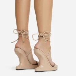 EGO Raven Lace Up Platform Sole Cut Out Wedge Heel In Nude Faux Leather -EGO shop 06 10 22 fw5664