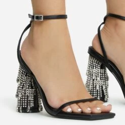 EGO Chalston Square Toe Diamante Tassel Detail Round Block Heel In Black Faux Leather -EGO shop 06 10 22 fw5667 copy