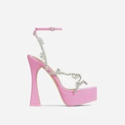 EGO Show-Ahead Clear Perspex Strap Diamante Detail Platform Flared Block Heel In Pink Faux Leather -EGO shop 06 10 22 fw5704 sq