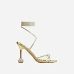 EGO Nightime Lace Up Diamante Detail Statement Heel In Gold Faux Leather