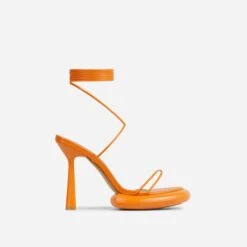 EGO Sauce Lace Up Strappy Statement Platform Heel In Orange Faux Leather -EGO shop 06 10 22 fw5744 sq