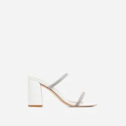 EGO Garland Double Diamante Strap Square Toe Block Heel Mule In White Faux Leather -EGO shop 07 03 23 jul67014 sq