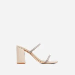 EGO Garland Double Diamante Strap Square Toe Block Heel Mule In Nude Faux Leather -EGO shop 07 03 23 jul67016 sq