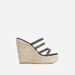 EGO Bali Diamante Strap Detail Woven Platform Wedge Heel Mule In Black Faux Suede -EGO shop 07 03 23 jul67020 sq