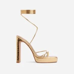 EGO Gemini Strappy Lace Up Square Toe Platform Thin Block Heel In Gold Croc Print Faux Leather -EGO shop 07 09 212959
