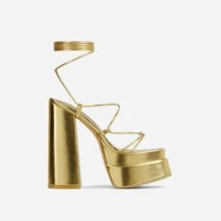 EGO Mika Lace Up Knotted Strap Detail Square Toe Platform Block Heel In Gold Faux Leather