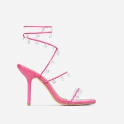 EGO Charmed Lace Up Clear Gem Detail Square Toe Stiletto Heel In Pink Faux Leather -EGO shop 0a2261 blk12968