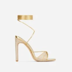 EGO Keep-Dancing Lace Up Diamante Detail Square Toe Thin Block Heel In Gold Faux Leather -EGO shop 0a2261 blk12978