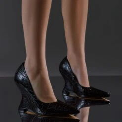 EGO In-Your-Soul Pointed Toe Cut Out Wedge Court Heel In Black Croc Print Faux Leather -EGO shop 10 01 23 em46144 s2