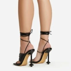 EGO Empty-Love Lace Up Strappy Detail Square Toe Statement Heel In Black Faux Leather -EGO shop 12 01 23 fw acc52835 sb