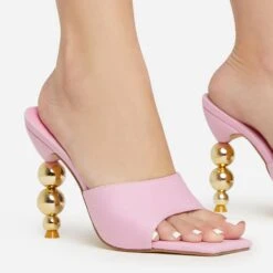 EGO Orbital Square Peep Toe Statement Metallic Heel Mule In Pink Linen -EGO shop 15 02 23 fw58870 sq