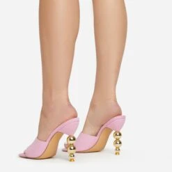 EGO Orbital Square Peep Toe Statement Metallic Heel Mule In Pink Linen -EGO shop 15 02 23 fw58871 sq