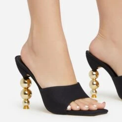 EGO Orbital Square Peep Toe Statement Metallic Heel Mule In Black Linen -EGO shop 15 02 23 fw58877 d