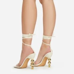 EGO Rose-Rouge Lace Up Clear Perspex Strap Square Toe Statement Metallic Heel In Beige Linen -EGO shop 15 02 23 fw58932 sq