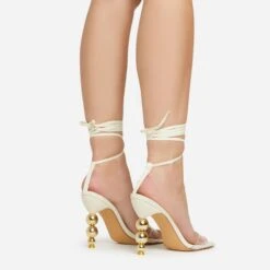 EGO Rose-Rouge Lace Up Clear Perspex Strap Square Toe Statement Metallic Heel In Beige Linen -EGO shop 15 02 23 fw58933 sq