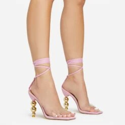 EGO Rose-Rouge Lace Up Clear Perspex Strap Square Toe Statement Metallic Heel In Pink Linen