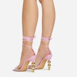EGO Rose-Rouge Lace Up Clear Perspex Strap Square Toe Statement Metallic Heel In Pink Linen -EGO shop 15 02 23 fw58936 sq