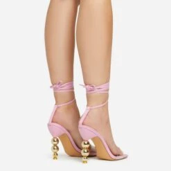 EGO Rose-Rouge Lace Up Clear Perspex Strap Square Toe Statement Metallic Heel In Pink Linen -EGO shop 15 02 23 fw58937 sq