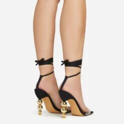 EGO Rose-Rouge Lace Up Clear Perspex Strap Square Toe Statement Metallic Heel In Black Linen -EGO shop 15 02 23 fw58941 sq