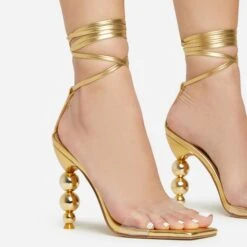 EGO Rose-Rouge Lace Up Clear Perspex Strap Square Toe Statement Metallic Heel In Gold Faux Leather -EGO shop 15 02 23 fw58943 sq 1