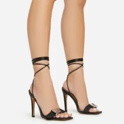 EGO Get-In-Loser Lace Up Buckle Detail Square Toe Stiletto Heel In Black Faux Leather