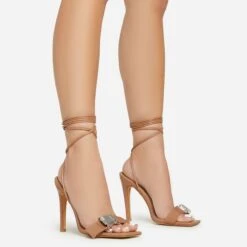 EGO Get-In-Loser Lace Up Buckle Detail Square Toe Stiletto Heel In Dark Nude Faux Leather