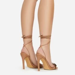EGO Get-In-Loser Lace Up Buckle Detail Square Toe Stiletto Heel In Dark Nude Faux Leather -EGO shop 15 02 23 fw58953 ab2