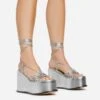 EGO Bubblegum Lace Up Knotted Strap Detail Platform Wedge Heel In Silver Metallic Faux Leather