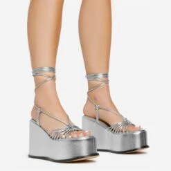 EGO Bubblegum Lace Up Knotted Strap Detail Platform Wedge Heel In Silver Metallic Faux Leather