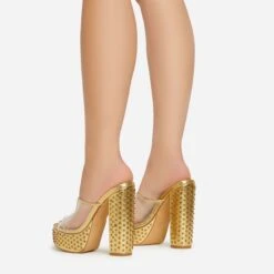 EGO Disco-Girl Diamante Detail Clear Perspex Strap Peep Toe Platform Block Heel Mule In Gold Faux Leather -EGO shop 15 02 23 fw59033 sb